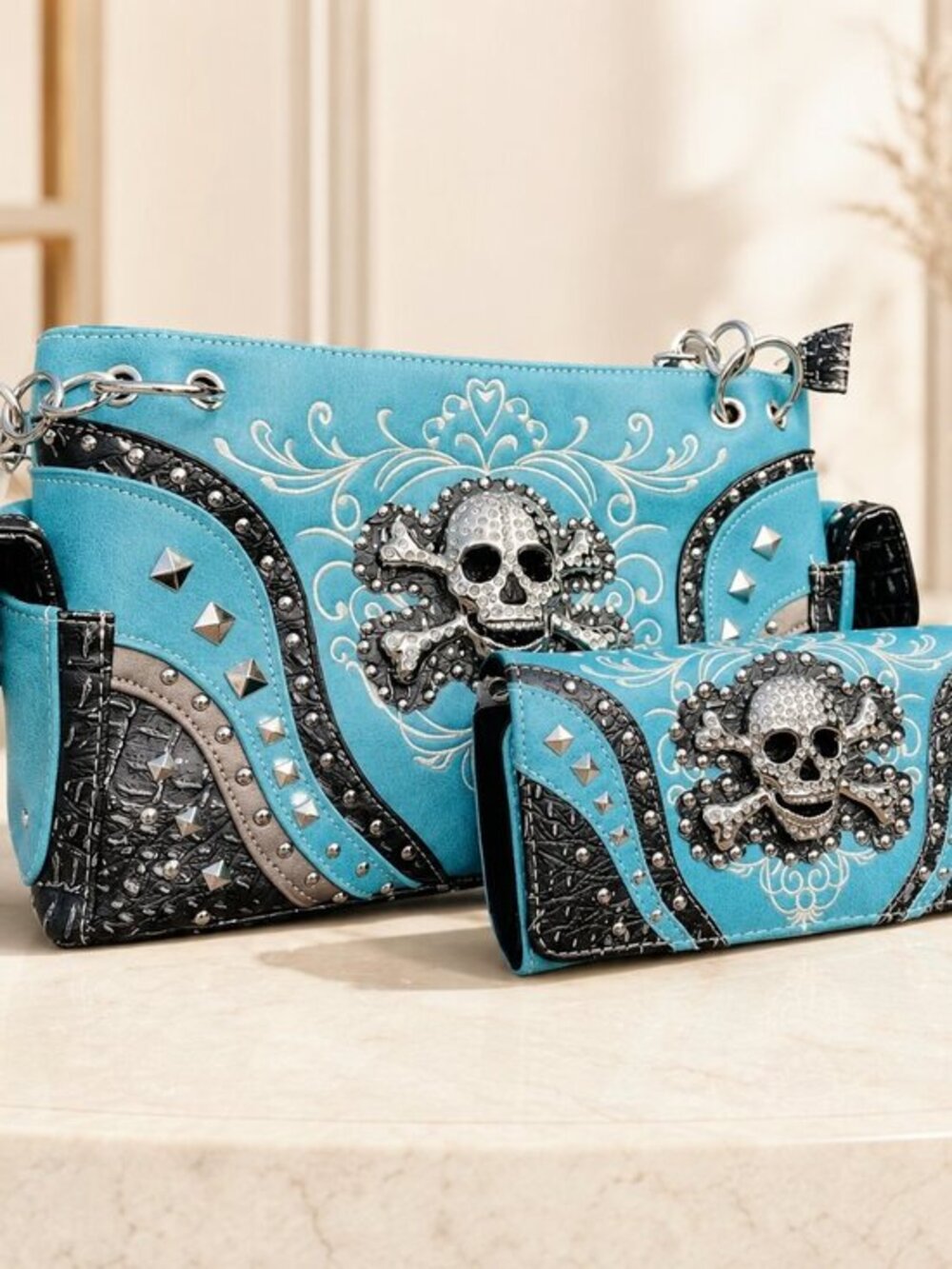 Turquoise Rhinestone Skull Concealed Carry Handbag Wallet Set NWT